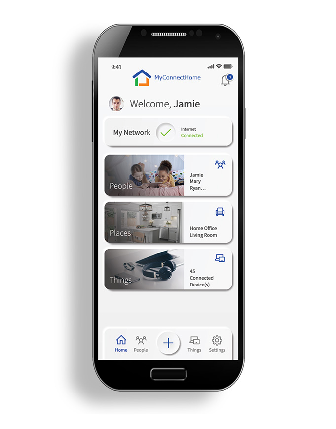 Smartphone with the My Connect Home screen on it.